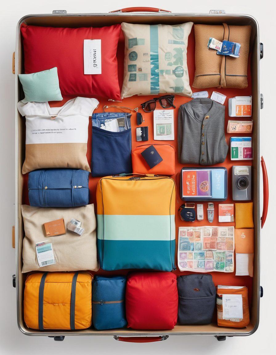 A cozy economy hotel room with essential amenities, a budget-friendly vacation rental with a welcoming exterior, and a cheerful budget traveler happily unpacking a suitcase. Include a money-saving theme with price tags and travel gear scattered around. Bright and inviting colors to convey warmth and comfort. super-realistic. vibrant colors. white background.