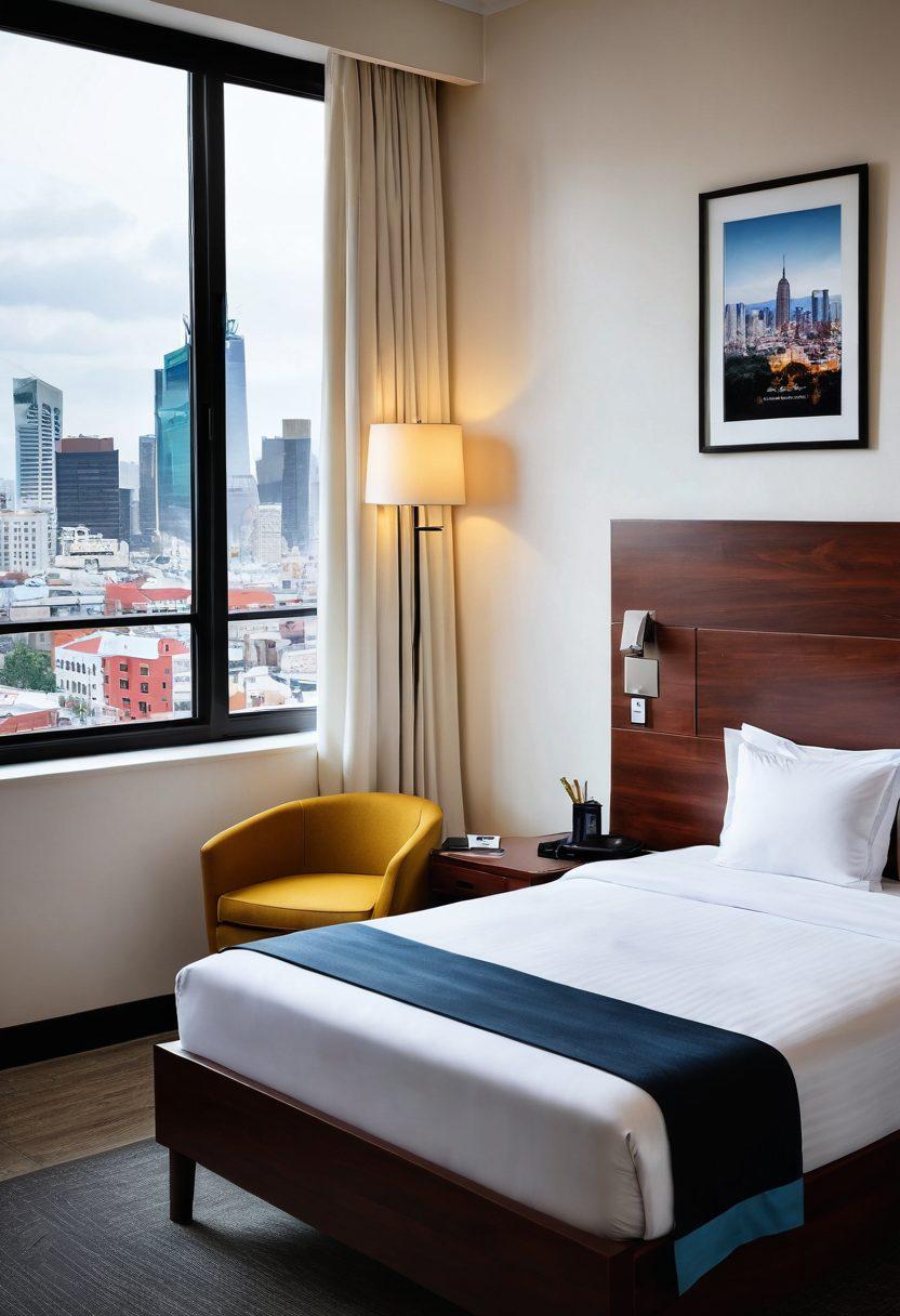 A cozy and welcoming budget hotel room with minimalist decor, showcasing a comfortable bed, a small desk with travel brochures, and a window revealing a scenic view of a city skyline. Add travelers happily checking in at a reception desk, with price tags indicating affordable rates. Emphasize warmth and hospitality, capturing the essence of budget-friendly travels. super-realistic. vibrant colors. white background.