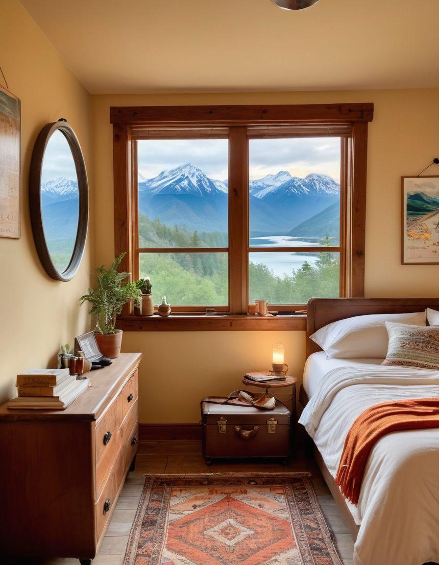 A cozy and inviting bedroom scene featuring an affordable lodging option like a quaint cabin or a budget-friendly boutique hotel. Include travel essentials like a suitcase and travel guides scattered around, while a window reveals a scenic view of mountains or a beach. Warm lighting to create an inviting atmosphere with a map on the wall showcasing popular travel destinations. charming and whimsical. vibrant colors. 3D.